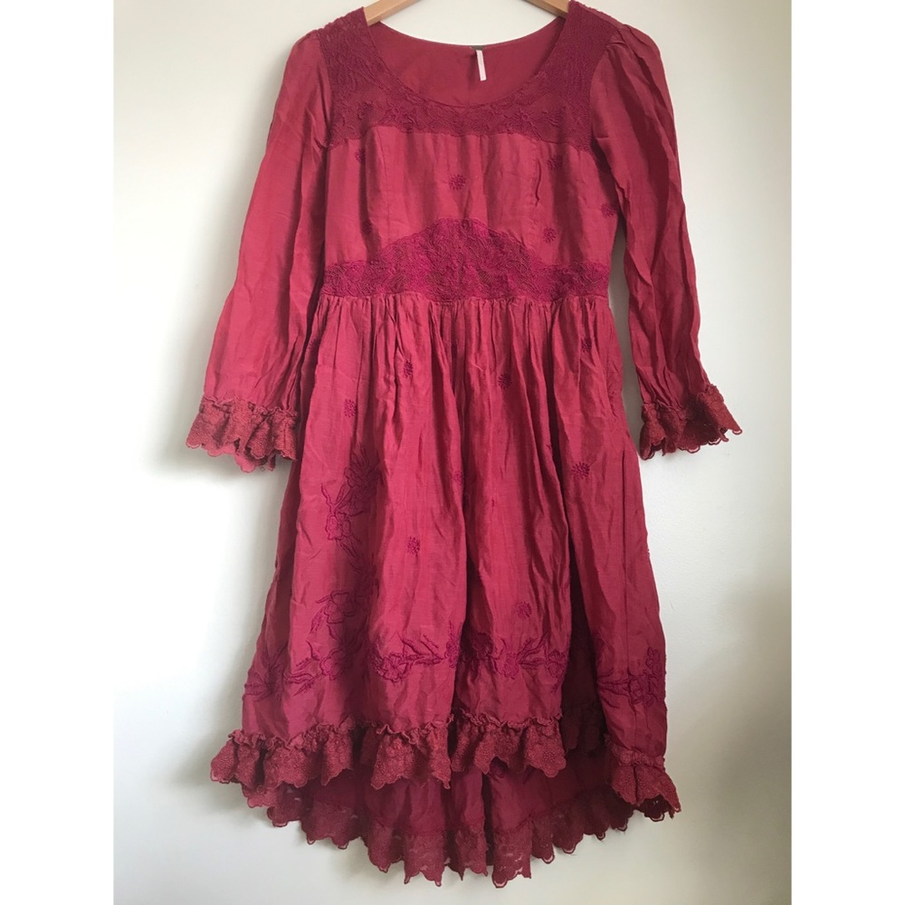 Free People Red and Pink Embroidered Dress